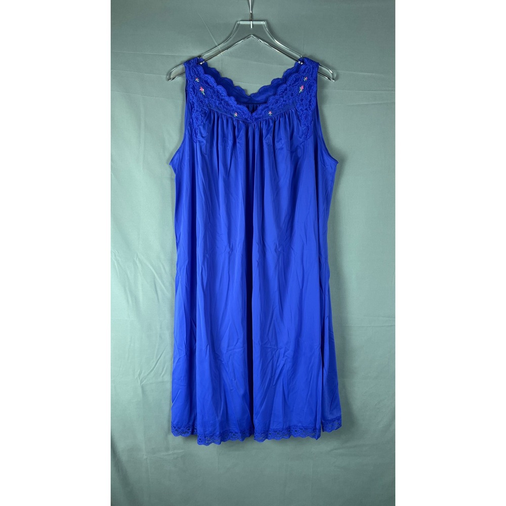 Vintage Sleeveless Nightgown Womens Large Royal Blue Pleated Bodice Lace Trim